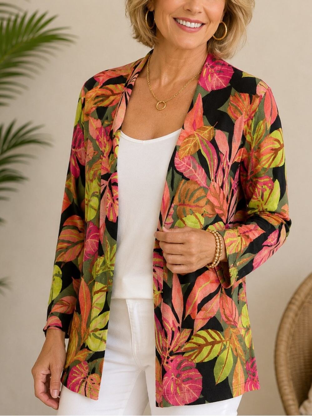 Chico’s Tropical Leaf Open Cardigan Sweater Pink Green Black Size 4 XXL